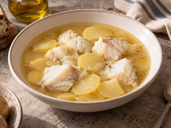 Hake and potato soup in the Thermomix, finished dish
