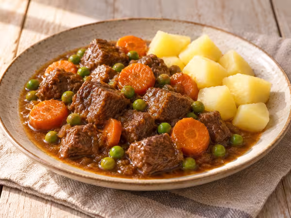 Beef stew with steamed potatoes in the Thermomix, finished dish