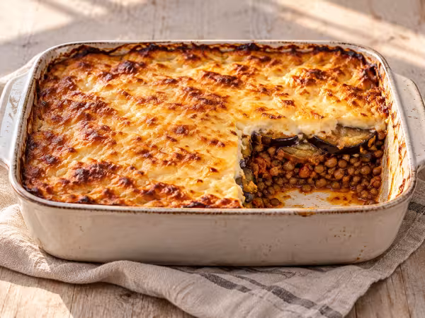 Lentil and aubergine moussaka in the Thermomix, finished dish