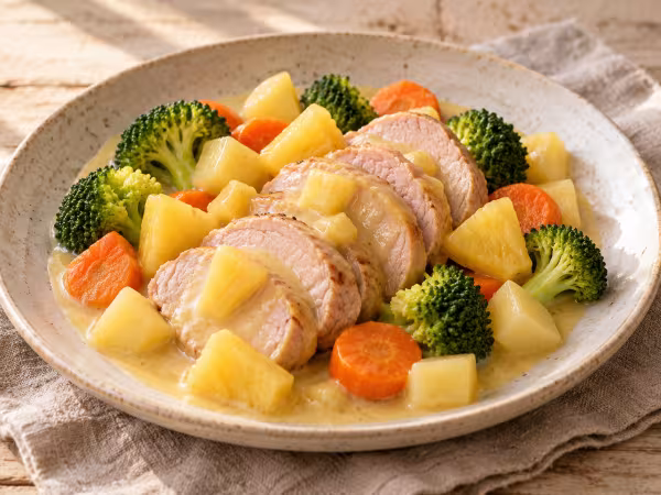 Solomillo de cerdo con pi&ntilde;a y verduras en Thermomix, plato terminado