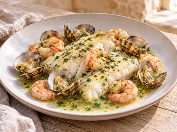 Steamed turbot with clams and prawns in the Thermomix, finished dish
