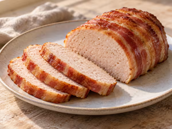 Chicken and ham loaf wrapped in bacon in the Thermomix, finished dish