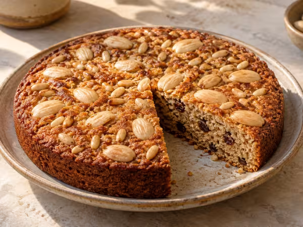 Torta de aceite con almendras y pasas en Thermomix, plato terminado