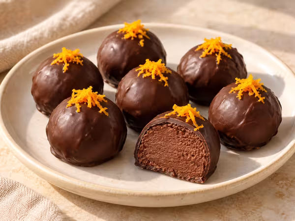 Chocolate truffles topped with orange zest, with one cut open to show the chocolate and almond filling