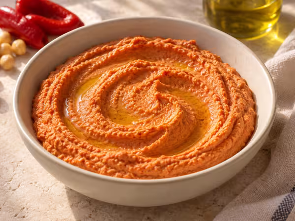 Hummus de pimientos del piquillo, plato terminado
