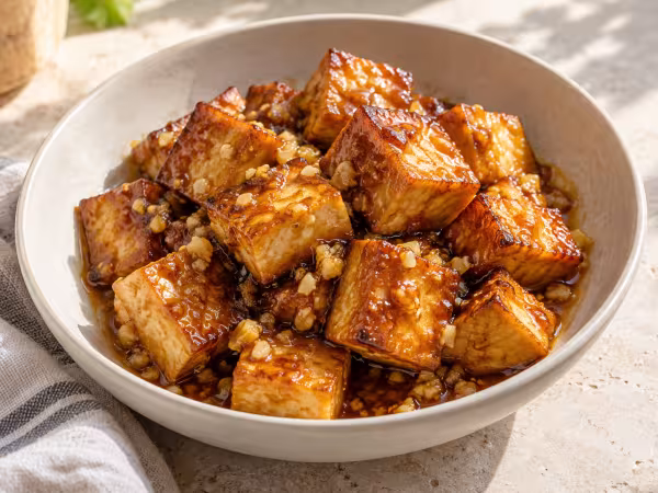 Tofu a la naranja con jengibre, plato terminado