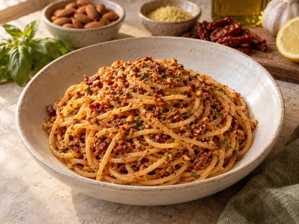 Espaguetis al pesto rosso vegano preparado y servido