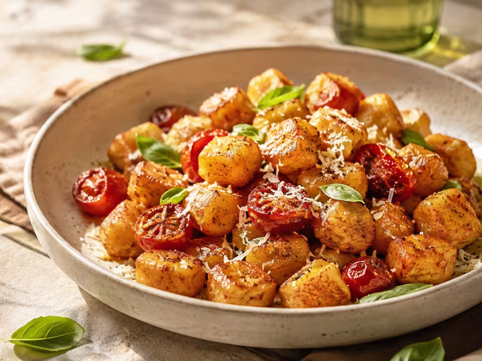 Crispy air-fryer gnocchi plated and ready to eat