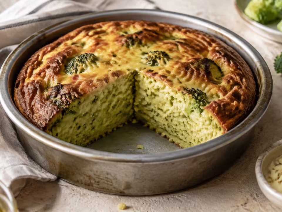 Pastel de br&oacute;coli y queso en freidora de aire servido y listo para comer