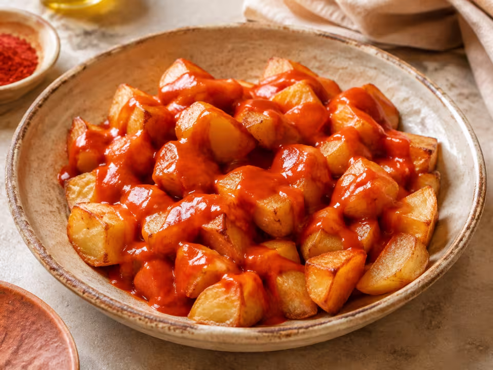 Air-fryer patatas bravas plated and ready to eat