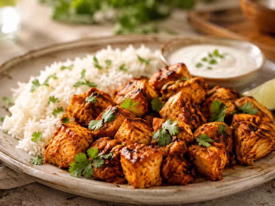 Pollo tikka en freidora de aire servido y listo para comer