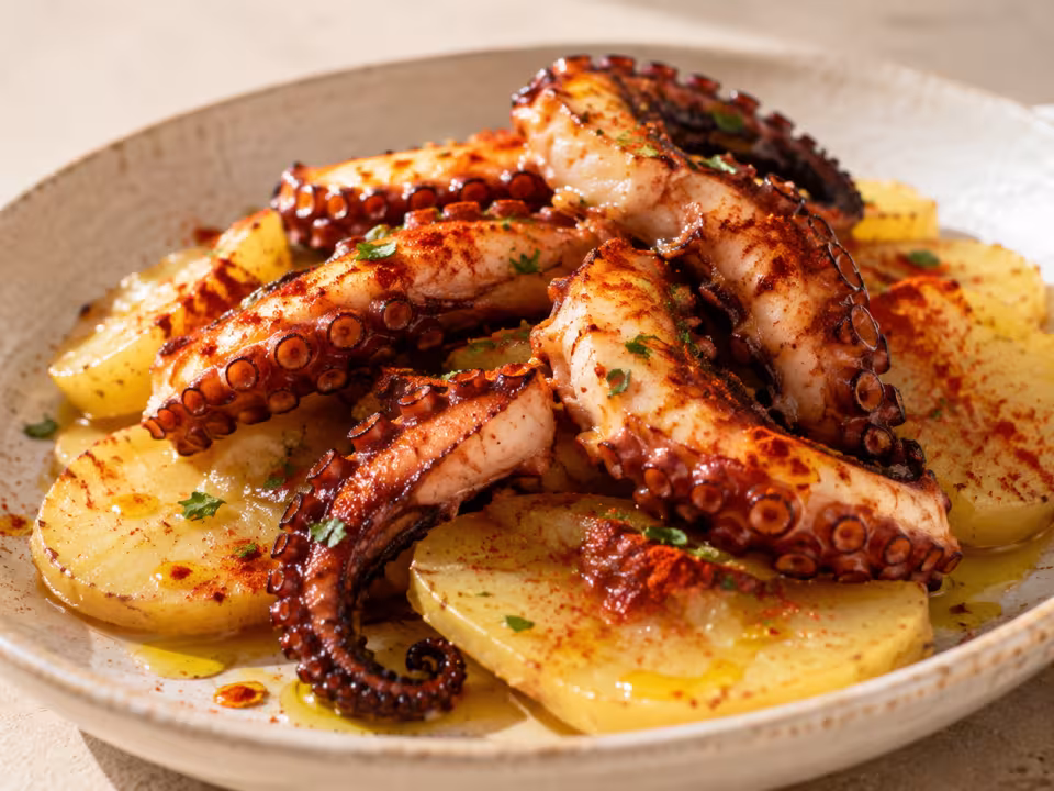 Air-fryer charred octopus plated and ready to eat