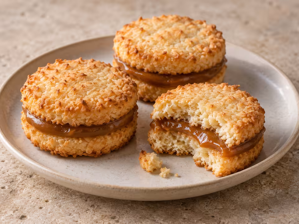 Alfajores de coco con dulce de leche con su relleno y acabado característicos