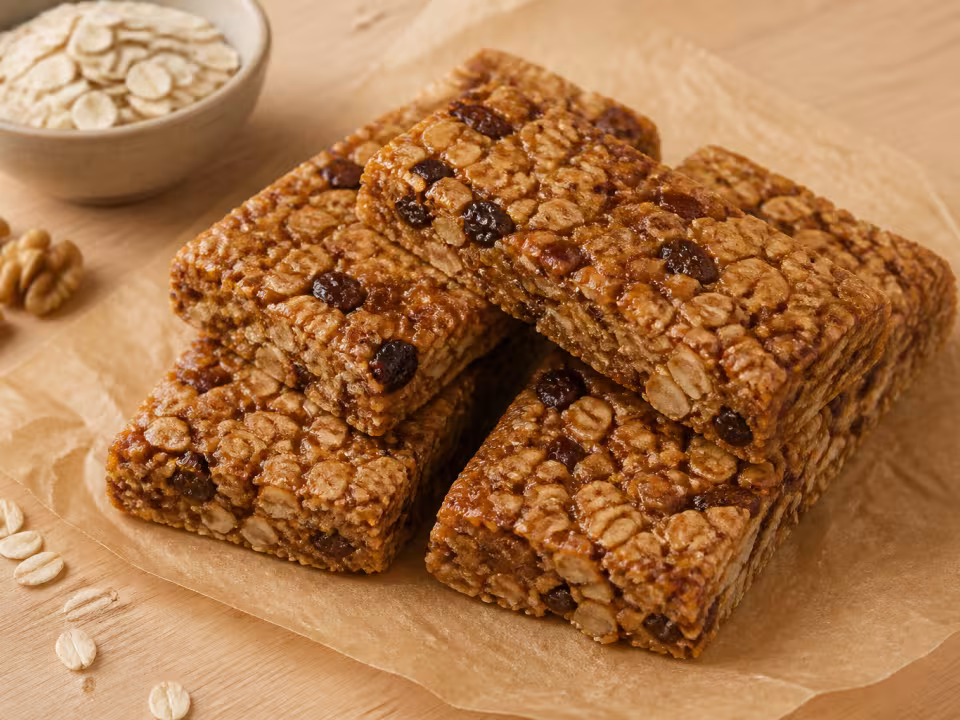 Barritas caseras de avena, nueces, pasas y miel cortadas en cuatro porciones