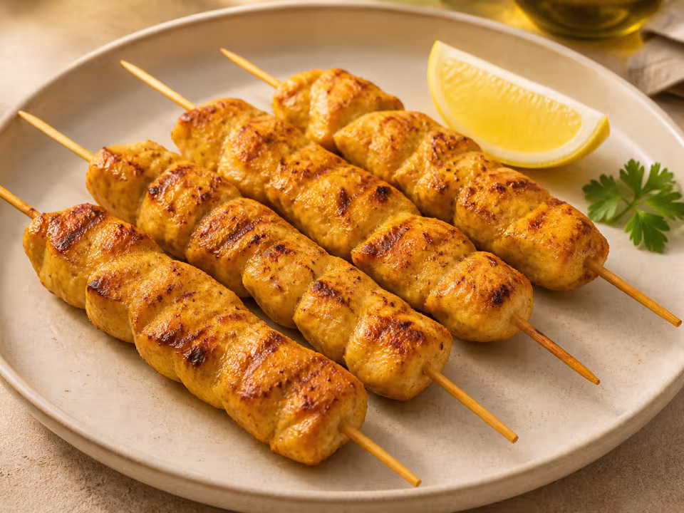 Brochetas doradas de pollo marinadas con jengibre, c&uacute;rcuma y lim&oacute;n