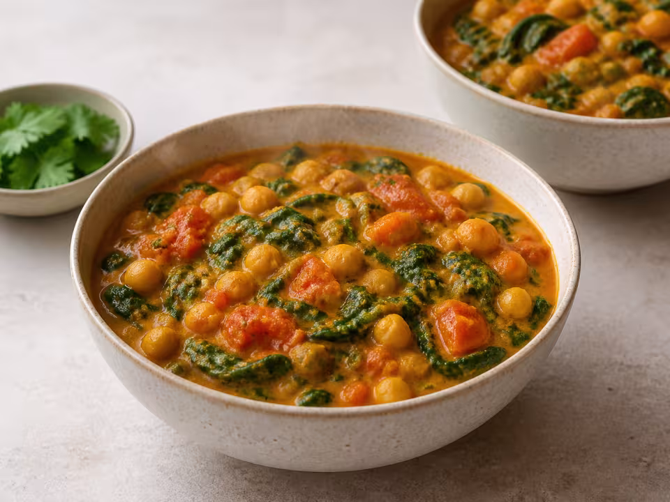 Curry cremoso de garbanzos y espinacas con leche de coco y cilantro