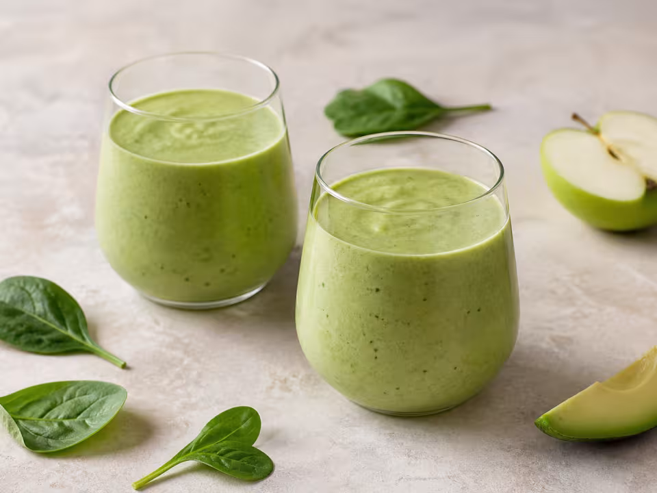 Batido verde de espinacas, aguacate y manzana servido en dos vasos