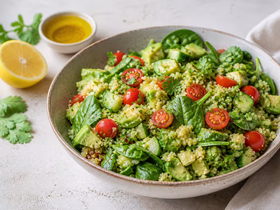 Ensalada de quinoa con aguacate, tomate cherry, pepino y espinacas