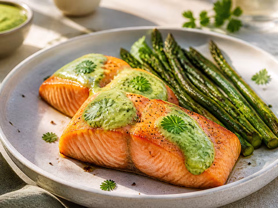 Lomos de salm&oacute;n al horno con esp&aacute;rragos y salsa cremosa de aguacate