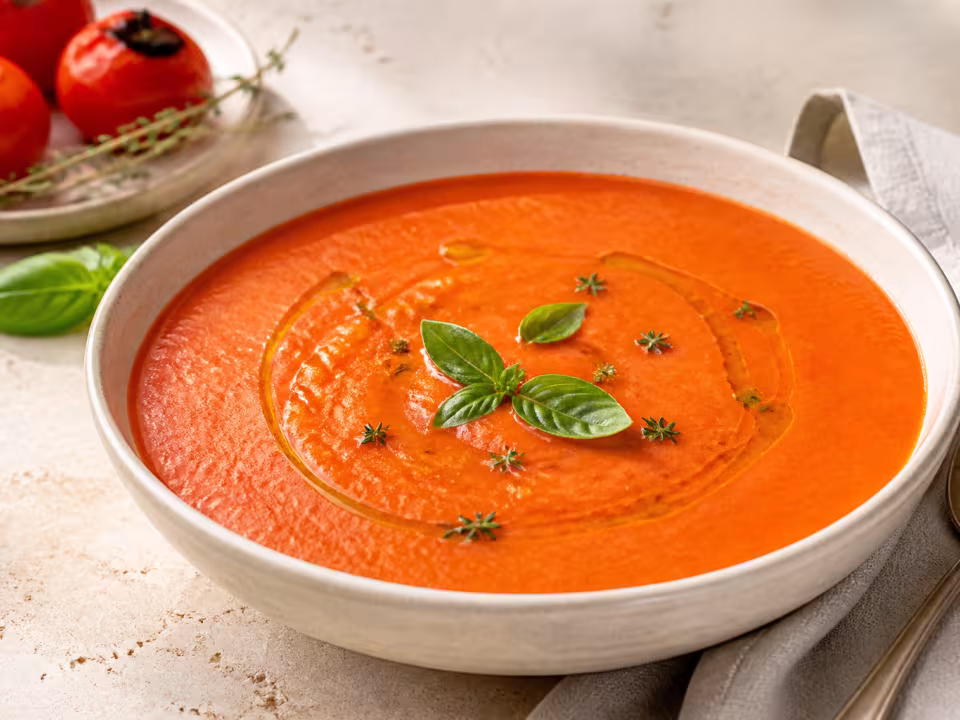 Sopa cremosa de tomate asado y pimiento rojo con albahaca y tomillo