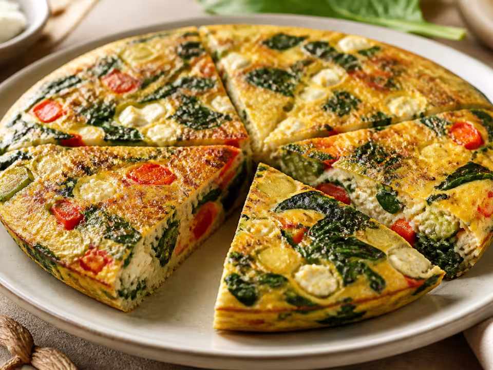 Tortilla dorada con espinacas, pimiento, calabac&iacute;n y queso feta