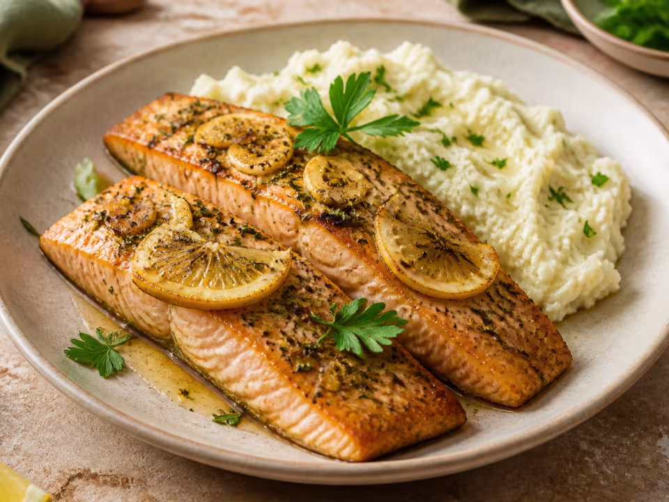 Filetes de trucha al horno con lim&oacute;n y hierbas acompa&ntilde;ados de pur&eacute; de coliflor