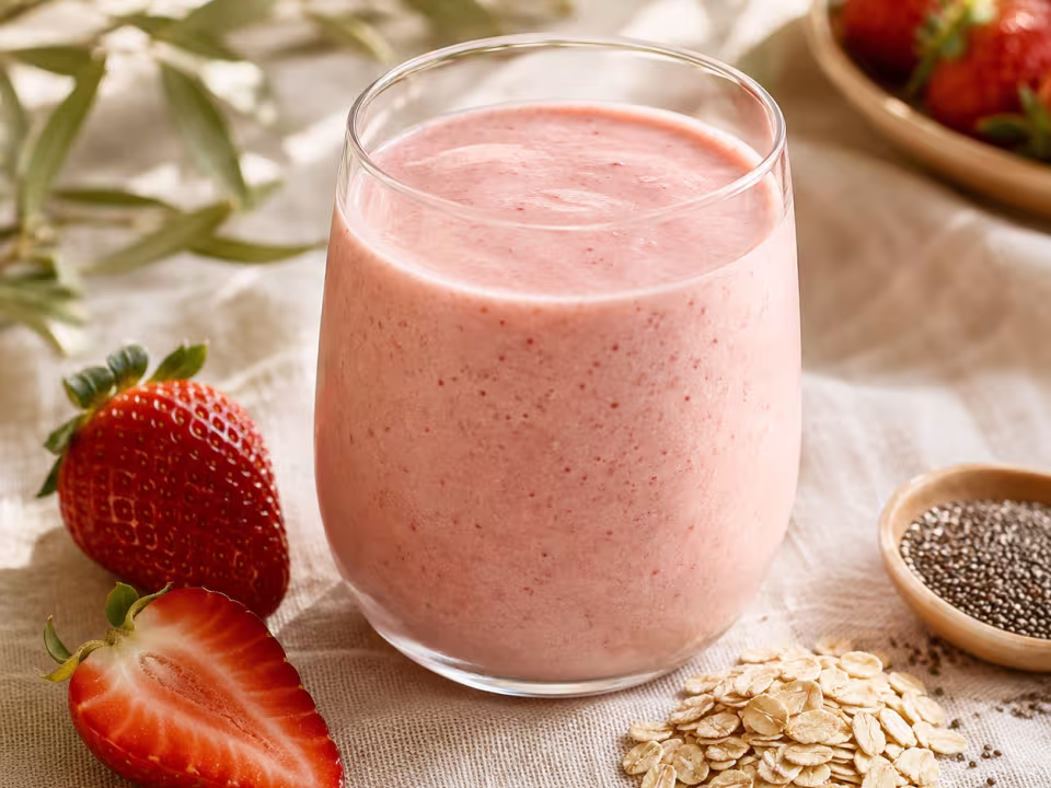 Batido cremoso de fresas y avena servido en dos vasos