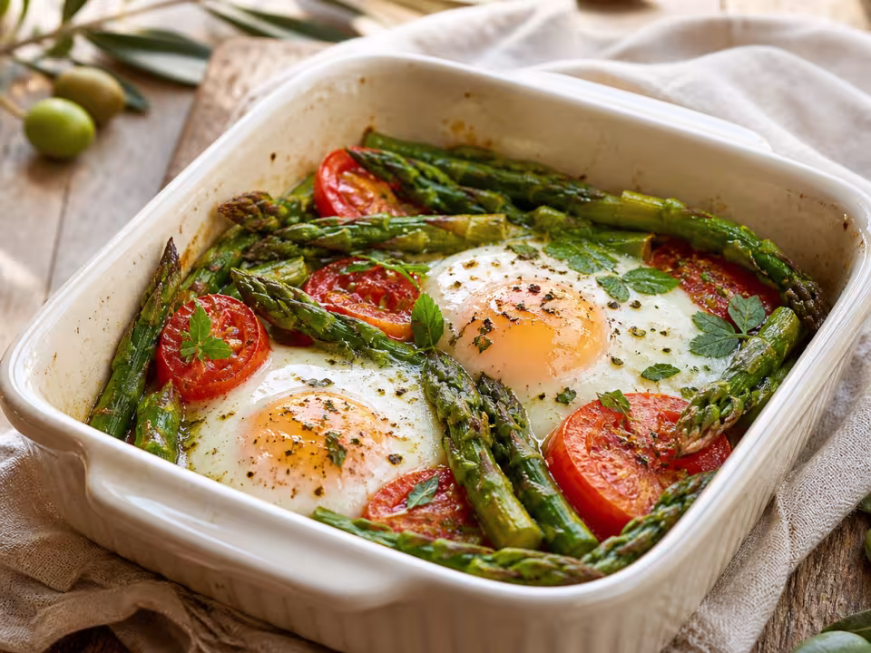 Huevos al horno con esp&aacute;rragos verdes, tomate y albahaca