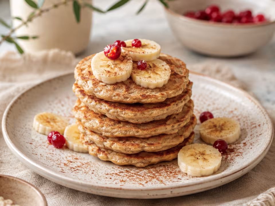 Panqueques de avena y pl&aacute;tano con frutos rojos y nueces