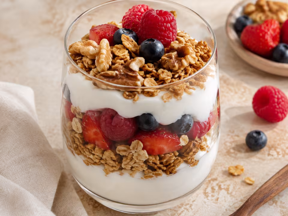 Yogur griego con granola casera, nueces, ch&iacute;a y frutos rojos