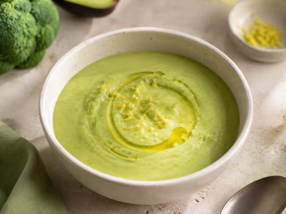 Broccoli and avocado soup plated and ready to eat