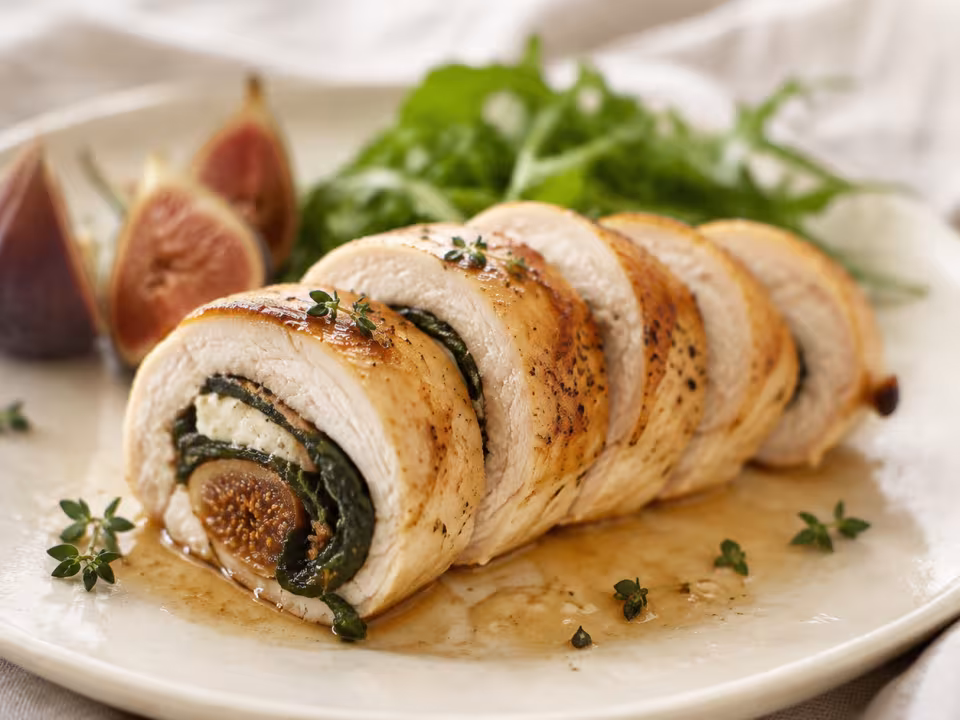 Chicken stuffed with figs and goat cheese plated and ready to eat