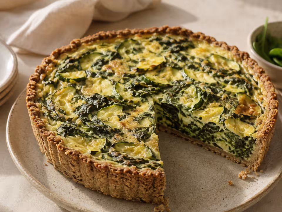 Spinach and courgette quiche with almond crust plated and ready to eat