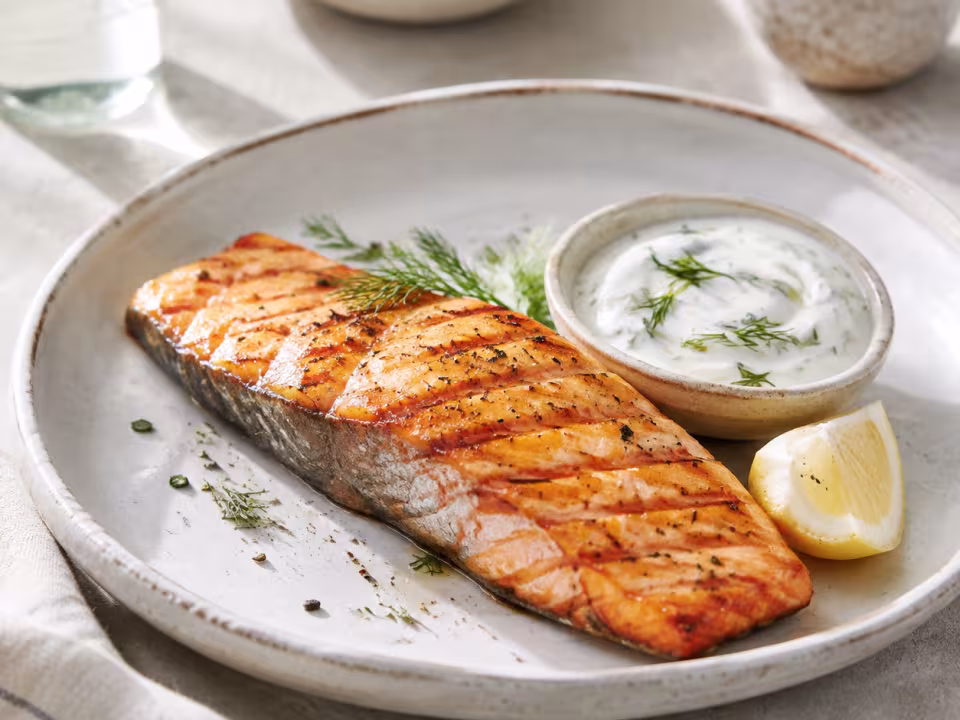 Grilled salmon with yoghurt and dill plated and ready to eat