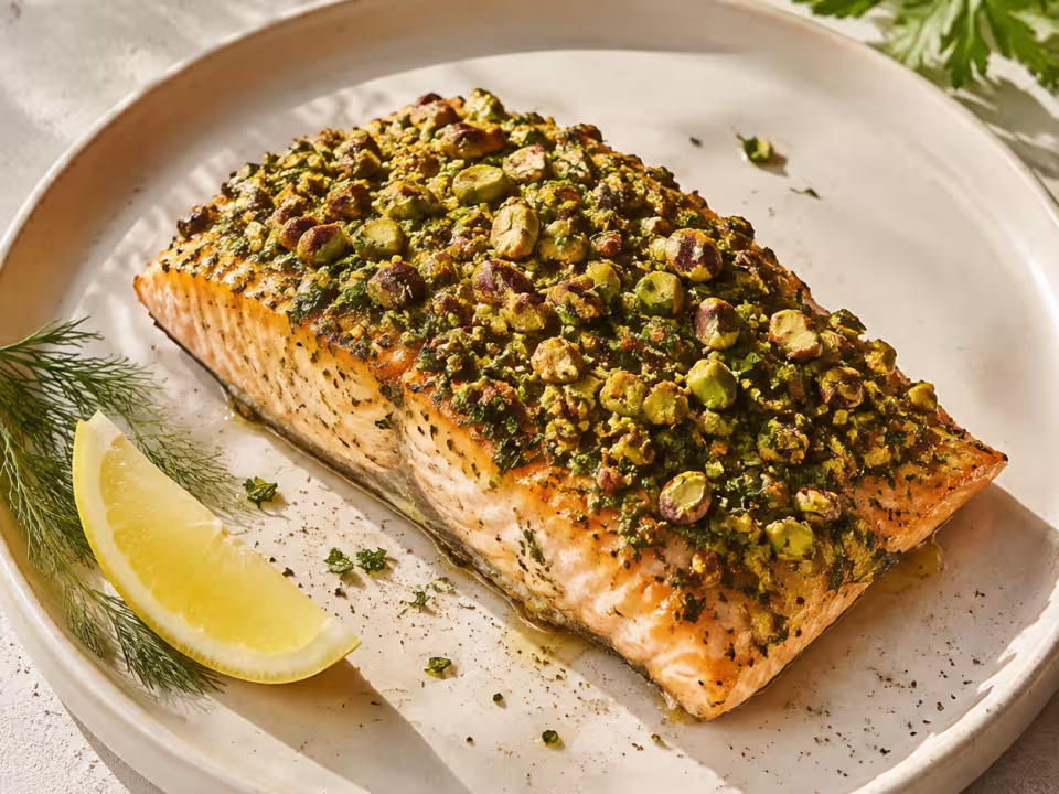 Baked trout with pistachio herb crust plated and ready to eat