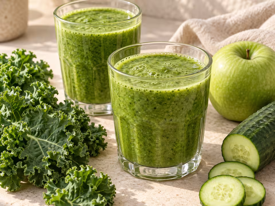 Dos vasos de Batido de kale, manzana verde y pepino con sus ingredientes frescos