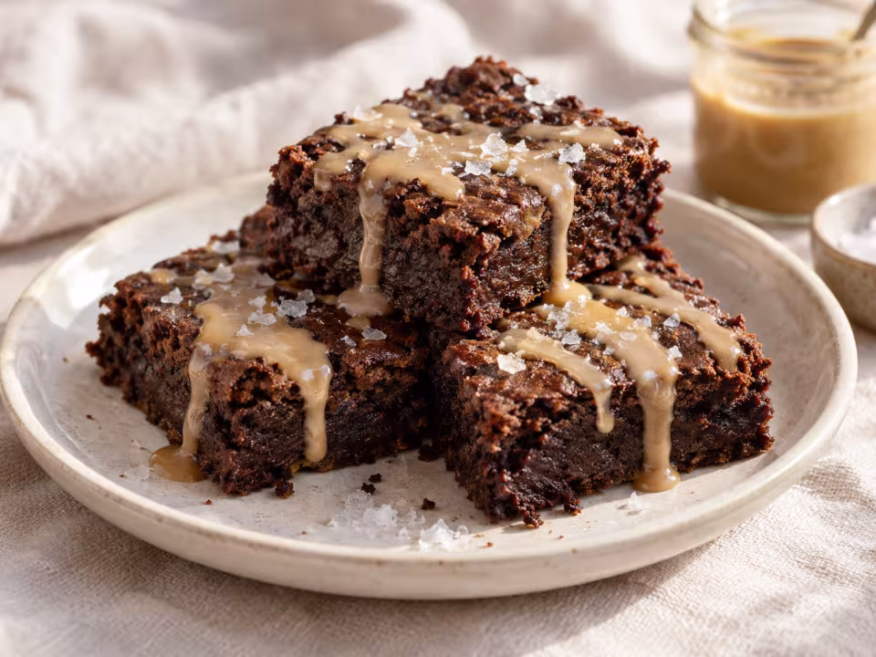 Brownie de d&aacute;tiles y chocolate con caramelo de tahini &middot; preparaci&oacute;n terminada