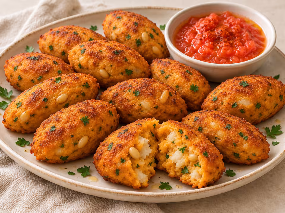 Oval sweet potato and cod bites with pine nuts and parsley, served with grated tomato brava sauce