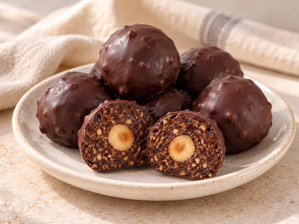 Bombones de chocolate negro con interior de dátiles y avellanas, uno abierto con una avellana entera en el centro
