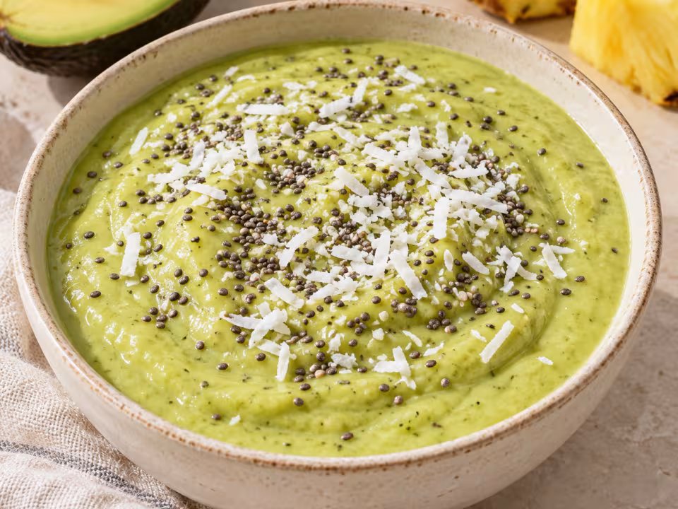 Avocado pineapple and chia smoothie bowl in simple tableware
