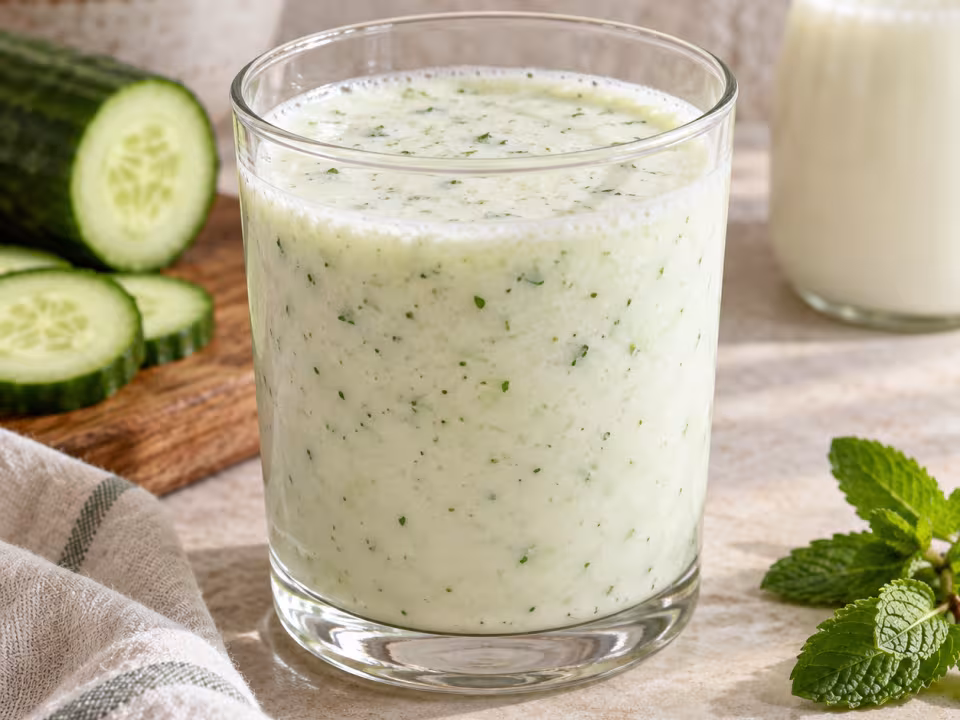 Kefir cucumber and mint smoothie in simple tableware