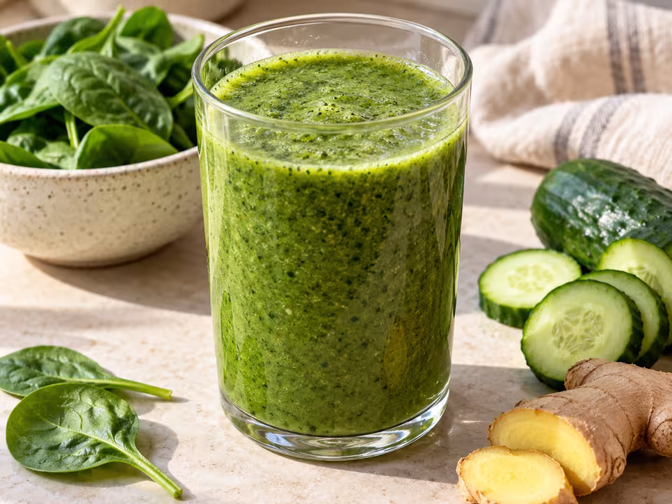 Spinach cucumber and ginger smoothie in simple tableware