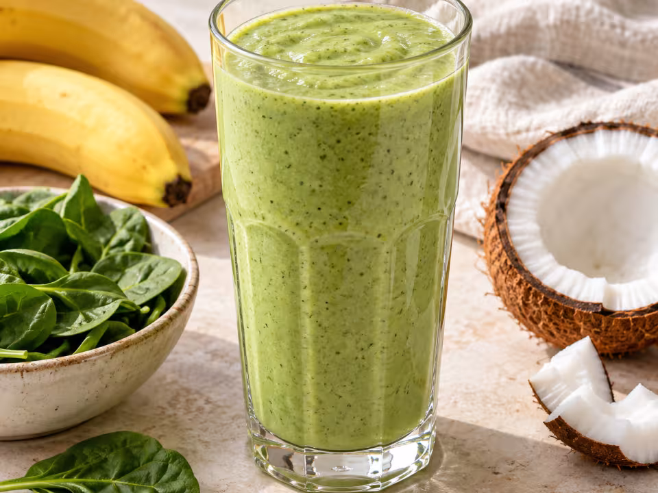 Banana spinach and coconut smoothie in simple tableware