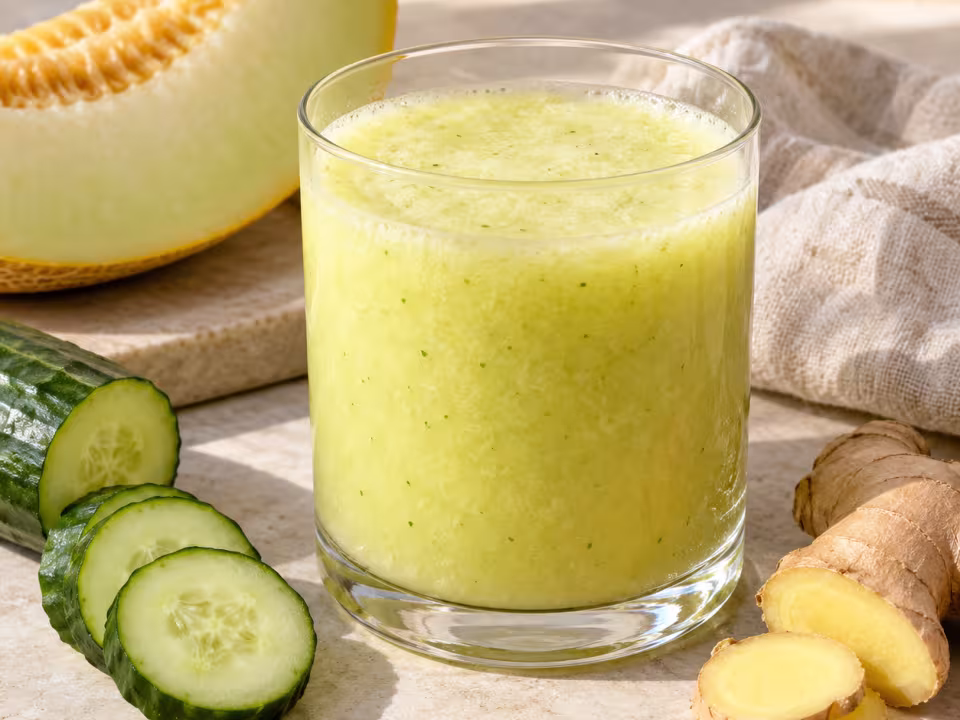 Melon cucumber and ginger smoothie in simple tableware
