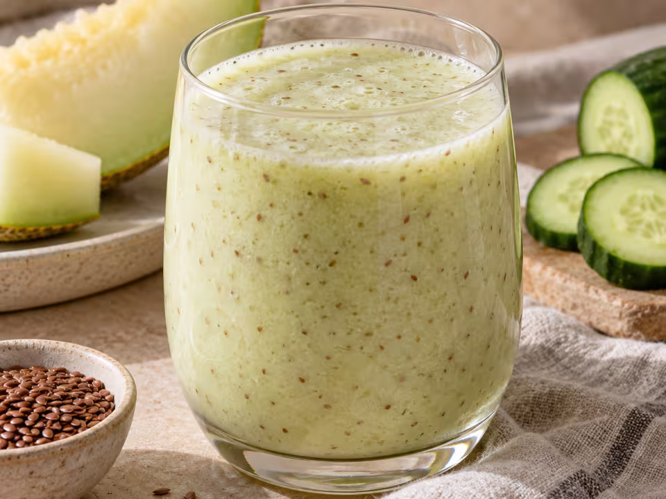 Melon cucumber and flaxseed smoothie in simple tableware