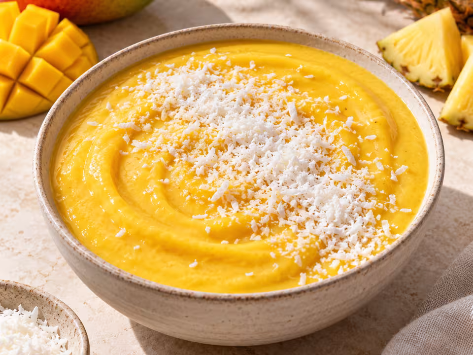 Mango pineapple and coconut smoothie bowl in simple tableware