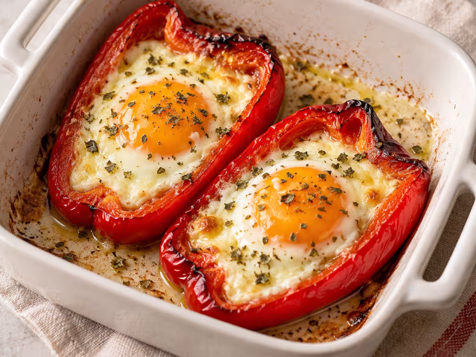 Pimientos al horno rellenos de huevo en vajilla sencilla