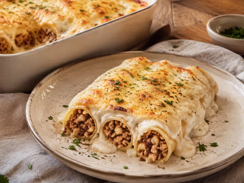 Beef, apple and cheese cannelloni topped with b&eacute;chamel
