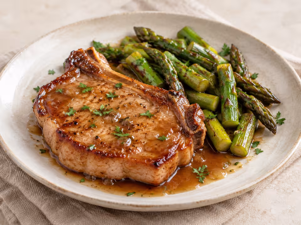 Chuletas de cerdo glaseadas con soja y espárragos servido