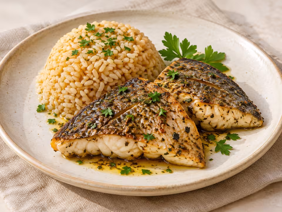 Spiced baked sea bream with rice ready to serve